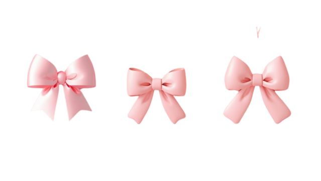 Three delicate pink satin bows isolated on transparent background