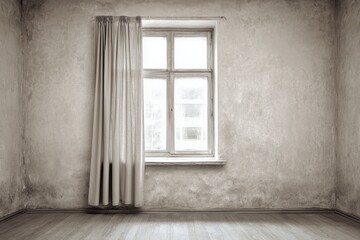 Empty room interior features a tall window with drawn curtain under soft light