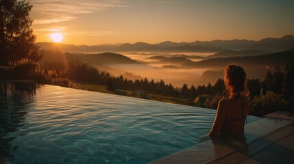 Woman in infinity pool looks at fog-covered mountains during golden sunset. Use it to illustrate luxury travel, wellness, or a peaceful getaway.