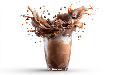 Fototapeta premium A dynamic chocolate beverage with a rich splash of liquid and falling chocolate chunks and coffee beans against a bright white background