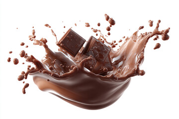 Fototapeta premium Chocolate cubes creating a dynamic splash in a rich flowing liquid on a pure white background