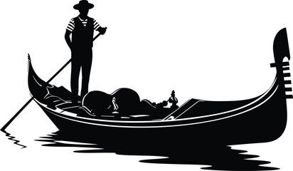 Silhouette of gondolier rowing gondola with reclining passenger on water