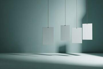 Four blank, rectangular papers suspended by wires, casting shadows on a textured wall