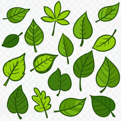 A versatile collection of various hand-drawn green leaves in a whimsical doodle style, isolated botanical vector element set