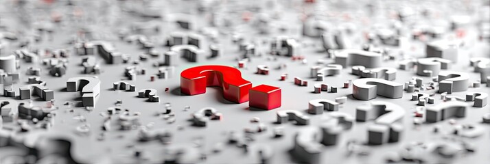 A vibrant red question mark stands out amidst a sea of faded, monochrome question marks