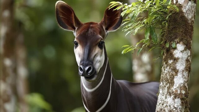 Okapi stands in forest a brown mammal w big ears  striped neck leaning against a tree covered in moss