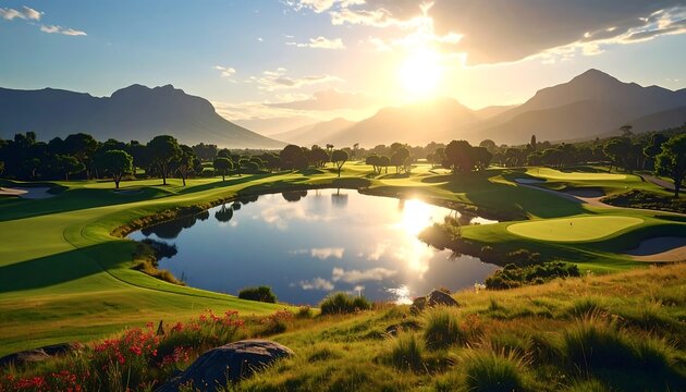 A scenic golf course, featuring a reflective lake at its center, with lush green fairways, and mountains under a sunset sky