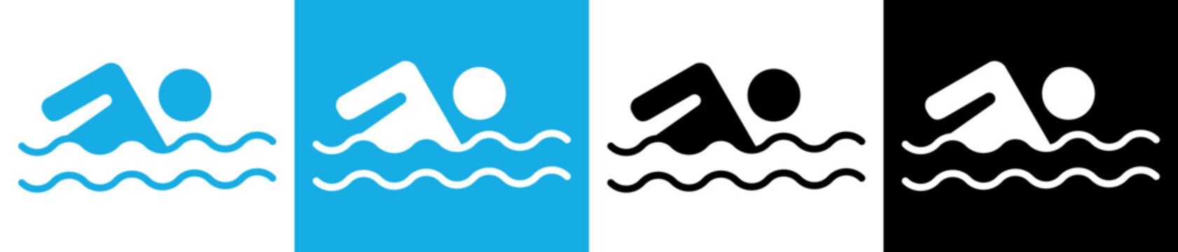 Swimming icons vector set in stroke line style. Linear outline illustration showing swimming signs, safety rules and prohibition symbols for beach zone and pool area.