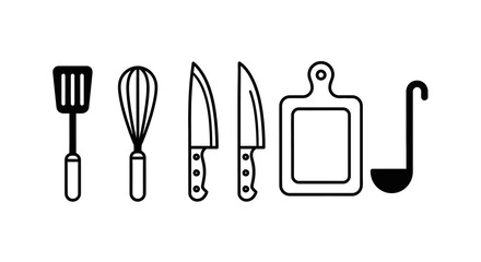 Fototapeta premium Kitchen Utensils Line Art - Spatula, Whisk, Knives, Cutting Board, Ladle.