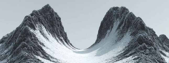 Two rugged, snow-capped mountains face each other in a stark landscape