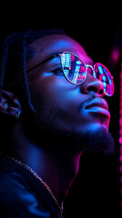 A stylish man with dreadlocks gazes upwards, wearing reflective sunglasses under bright blue and pink neon city lights.