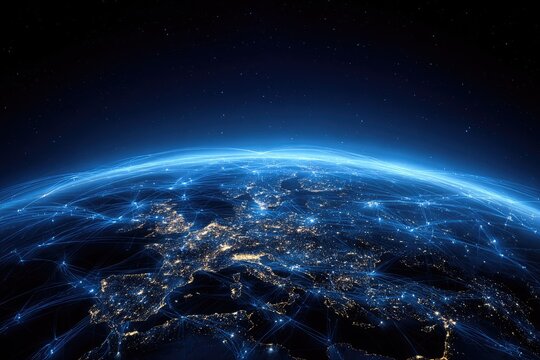 Earth view from space, network of lights across continents, stars above