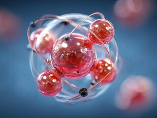 Atom model with red spheres and orbital paths against blurred blue background