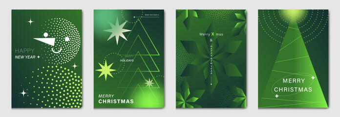Naklejka premium Green Christmas and Happy New Year vector illustration with glowing dots, stars, geometric trees and abstract festive shapes — modern holiday design for cards, posters and seasonal prints.