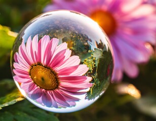 sunlit lensball capturing inverted pink daisy flower reflection on a petal in garden