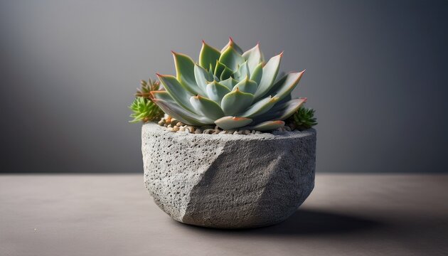 succulent plant in a textured stone pot against a muted background - Powered by Adobe