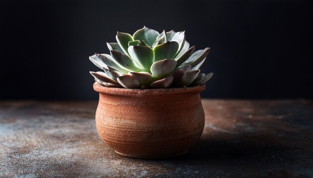 succulent plant in a rustic pot on a dark surface