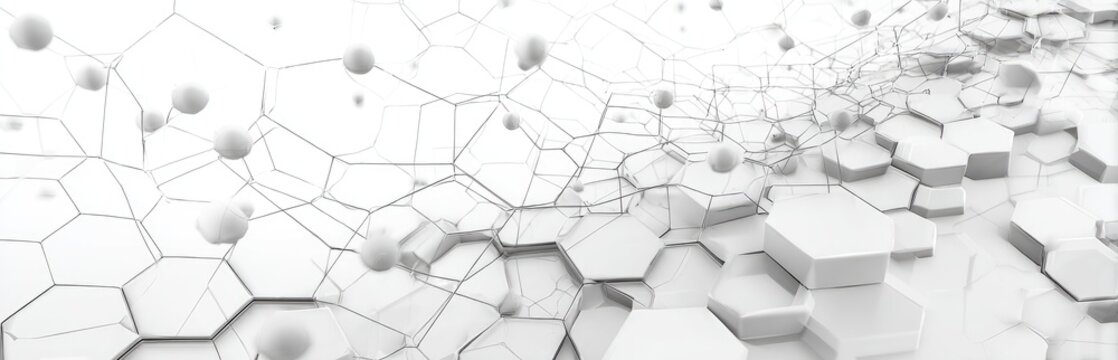 White hex grid with spherical nodes interconnected - Powered by Adobe