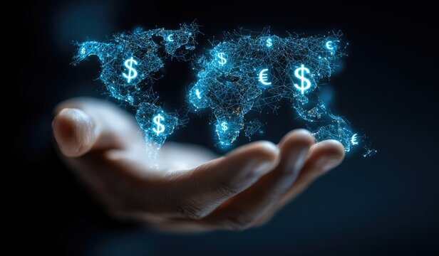 Glowing digital world map with currency symbols held in open hand