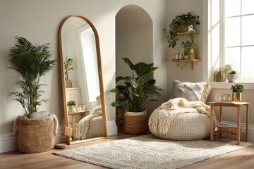 Bright room interior with plants, archway, mirror and woven ottoman. Showcase your home decor designs for a fresh, natural, and modern style.