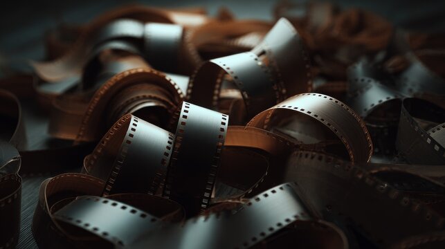 close up of  film ribbon on the dark table, photography and cinematography concept background