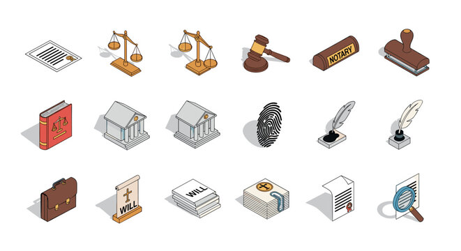 Isometric legal and notary icons collection for business and law projects
