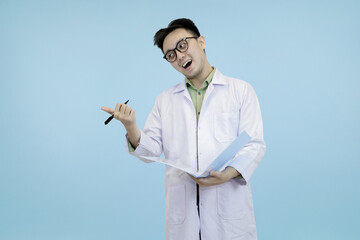 Excited Asian scientist or doctor in a lab coat, gesturing widely while presenting data,...