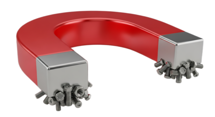 A red horseshoe magnet with silver ends attracting several screws and nuts on a black background