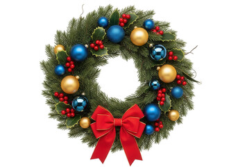 Christmas wreath with gold and blue baubles isolated on transparent background