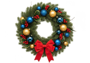 Christmas wreath with gold and blue baubles isolated on transparent background