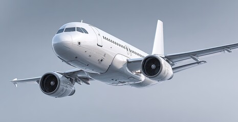 Naklejka premium White airplane flying, angled upward, engines visible, overcast background