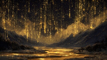Magical Golden Rain Over Mountain Landscape Creating Fantasy Atmosphere