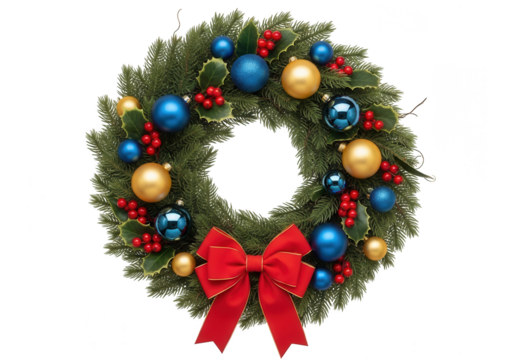 Christmas wreath with gold and blue baubles isolated on transparent background - Powered by Adobe