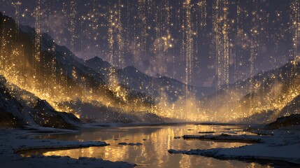 Magical golden waterfall over a snowy mountain lake reflecting light