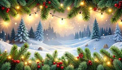 Seamless decorative christmas border with coniferous branches and garlands on transparent background, cutout photo