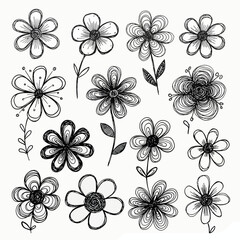 Obraz premium A whimsical collection of hand-drawn abstract flowers in a playful doodle style, beautiful sketch floral elements for design vector illustration