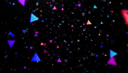 Colorful triangles float in a dark void, creating depth with blurred focus