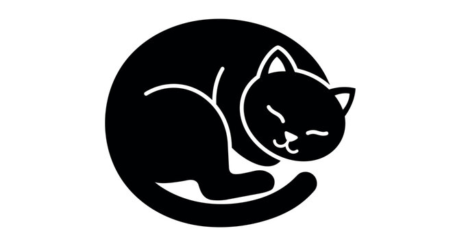 Sleeping cat silhouette peaceful black and white feline icon with curled tail