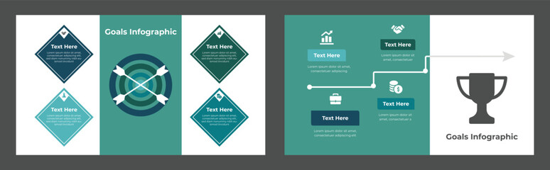 Obraz premium Teal and Navy Business Goals Infographic with Target, Steps and Trophy Icons for Success