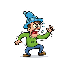 Cartoon illustration of an angry man wearing a blue hat, expressing frustration with open mouth.