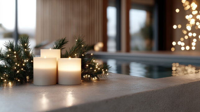 Elegant white candles arranged beside a relaxing pool invite peace and tranquility, enhancing the holiday spirit in a beautifully designed modern interior setting.