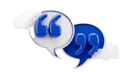 Two speech bubbles with quotation marks in blue and white on a black background with white cloud shapes