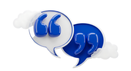 Two speech bubbles with quotation marks in blue and white on a black background with white cloud shapes