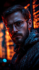A thoughtful man with a beard and round glasses gazes intently, illuminated by vibrant urban neon lights at night.