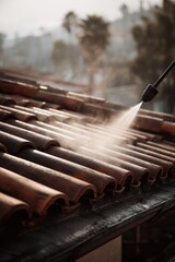 close up of pressure washing of vintage brown ceramic tile roof
