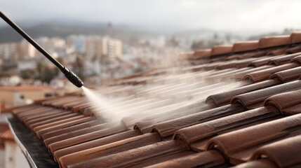 close up of pressure washing of brown ceramic tile roof