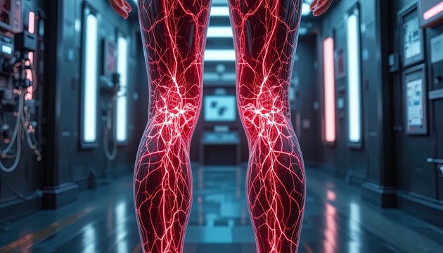 Striking anatomical visualization of human leg veins in futuristic lab setting, perfect for medical illustration, science education, health research, or vibrant presentations