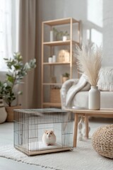 cute hamster in the cage on the floor in modern living room