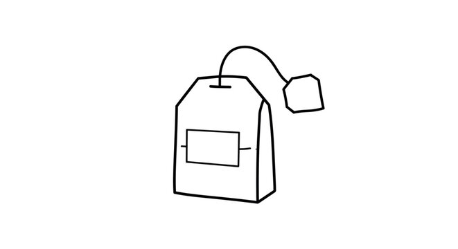 Minimalist line art tea bag illustration with tag in simple black outline design