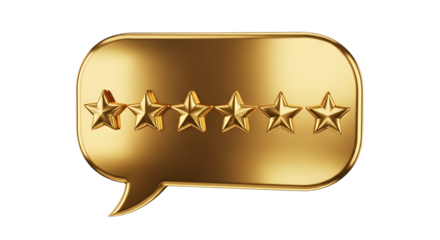 A golden speech bubble with six golden stars indicating a top rating or excellent feedback shown